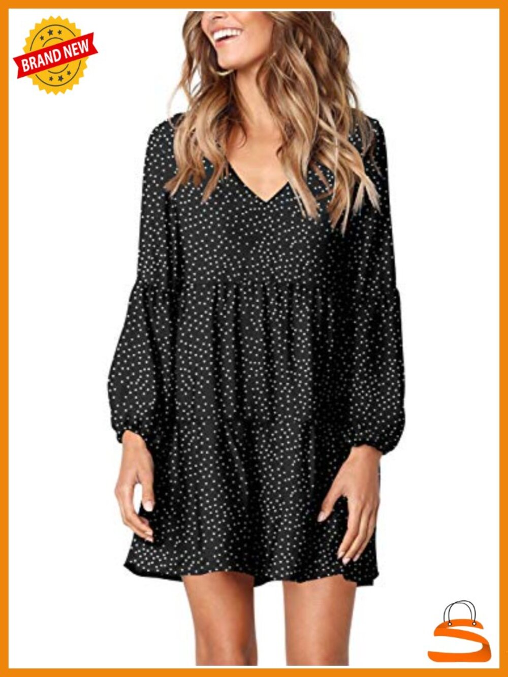 Loose Swing Tunic Dress Long Sleeve V Neck Flowy Shift Pleated Ruffle